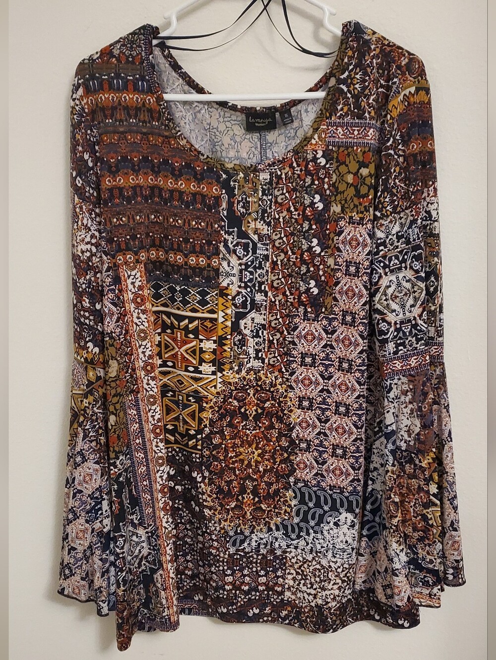 Boho Patchwork Long-Sleeve Dramatic Bell Skeeve Women's Top - Multicolor Size 1X